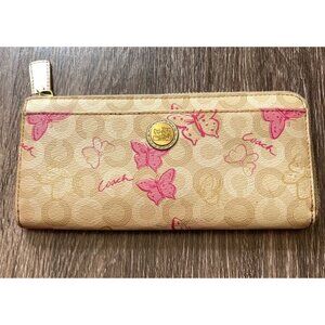 COACH Leather Pink Brown Cream Butterfly Canvas Women’s Wallet Multi Pocket RARE